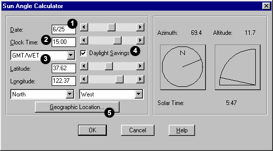 Sun Angle Calculator Dialogue Box