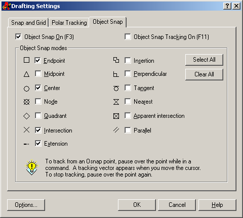 Osnap Settings Dialogue Box